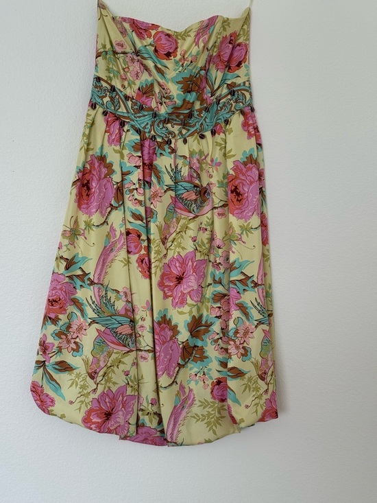 Plenty by Tracy Reese Dresses & Skirts - Plenty Strapless Silk Dress Floral Bird Print Yellow Pink Womens 4 Mini